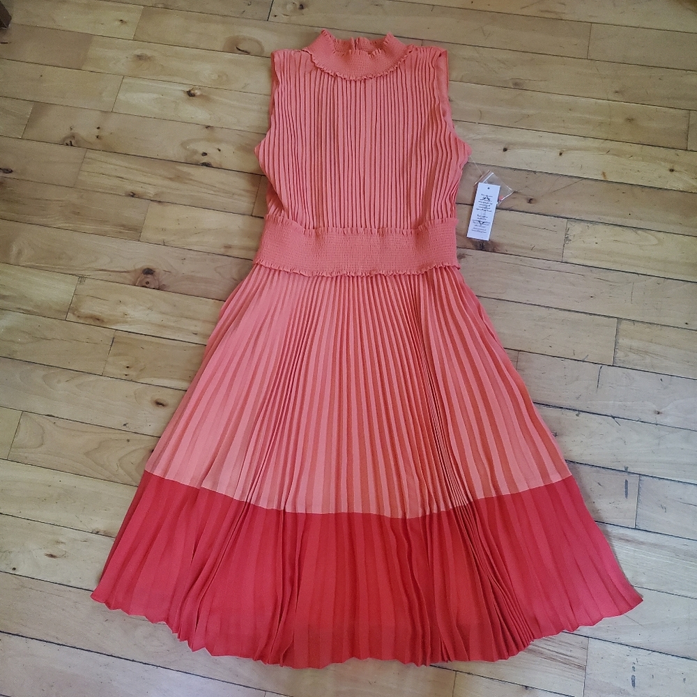 Nanette Lepore Vivid Coral Saffron Sun Pleated Dress